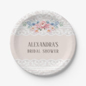 ピンクダスティブルーフローラヴィンテージレースブライダルシャワー ペーパープレート (正面)