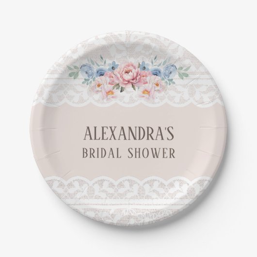 ピンクダスティブルーフローラヴィンテージレースブライダルシャワー ペーパープレート (正面)