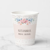 ピンクダスティブルーフローラヴィンテージレースブライダルシャワー 紙コップ (正面)