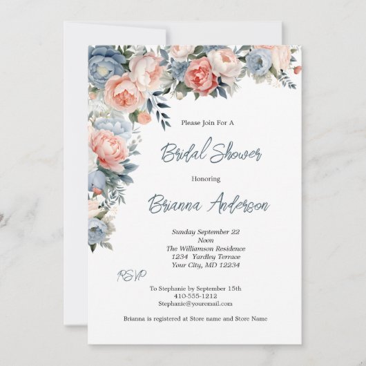 ピンクダスティブルーホワイトフローラエレガントブライダルシャワー 招待状 (正面)