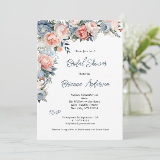 ピンクダスティブルーホワイトフローラエレガントブライダルシャワー 招待状 (スタンド正面)
