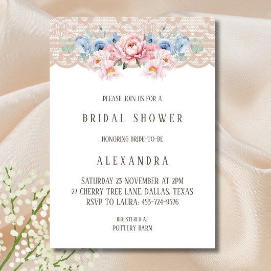 ピンクダスティブルーロマンチックフローラレースブライダルシャワー 招待状
