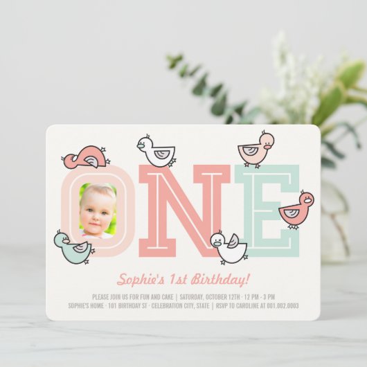 ピンクダックスビッグワンガール1st誕生日パーティー招待状 招待状 (スタンド正面)