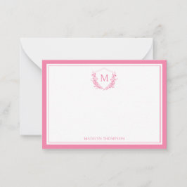 ピンクダブル縁どフローラクレストクラシックモノグラム ノートカード