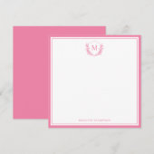 ピンクダブル縁どフローラクレストモノグラムスクエア ノートカード (正面/裏面)