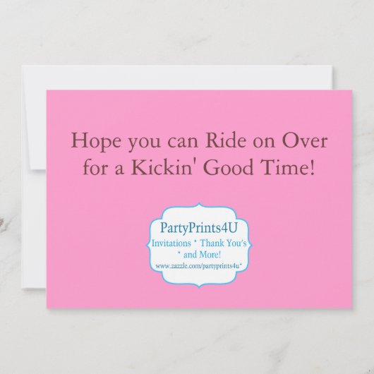 ピンクダマスクと水玉模様女性のカーボーイ誕生日パーティー 招待状 (裏面)