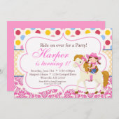 ピンクダマスクと水玉模様女性のカーボーイ誕生日パーティー 招待状 (正面/裏面)