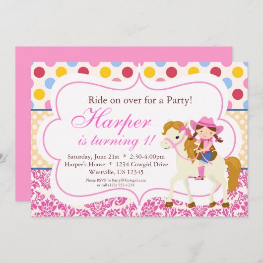 ピンクダマスクと水玉模様女性のカーボーイ誕生日パーティー 招待状 (正面/裏面)