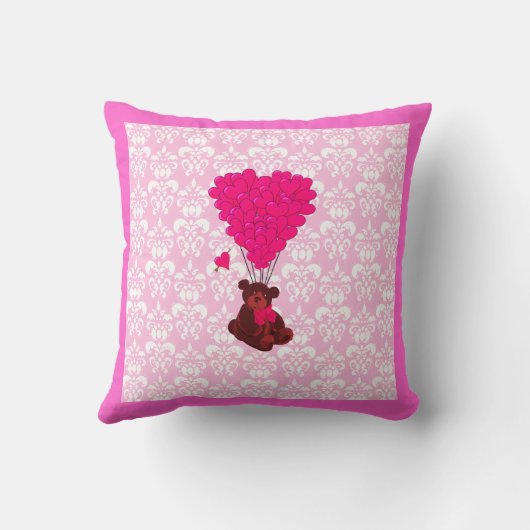 ピンクダマスクのクマとハートバルーン クッション (裏面)