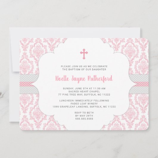 ピンクダマスクのバプテスマまたは最初の聖餐式の招待 招待状 (正面)