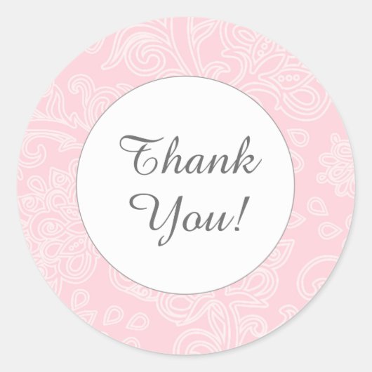 ピンクダマスクのラウンドフェイスステッカーありがとう ラウンドシール (正面)