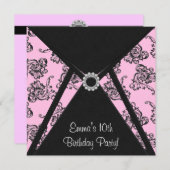 ピンクダマスクの女の子10th誕生日パーティーへの招待 招待状 (正面/裏面)