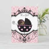 ピンクダマスクアフリカ系アメリカ人ベビーガールシャワー 招待状 (スタンド正面)