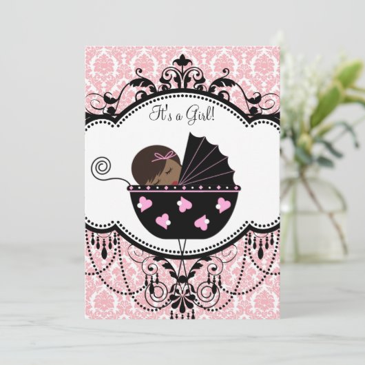 ピンクダマスクアフリカ系アメリカ人ベビーガールシャワー 招待状 (スタンド正面)