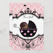 ピンクダマスクアフリカ系アメリカ人ベビーガールシャワー 招待状 (正面/裏面)