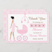 ピンクダマスクアフリカ系アメリカ人女性赤ちゃんシャワー サンキューカード (正面/裏面)