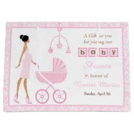 ピンクダマスクアフリカ系アメリカ人女性赤ちゃんシャワー ラージペーパーバッグ