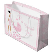 ピンクダマスクアフリカ系アメリカ人女性赤ちゃんシャワー ラージペーパーバッグ (裏面アングル)