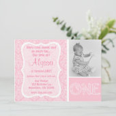 ピンクダマスクガールズファースト誕生日招待状 招待状 (スタンド正面)