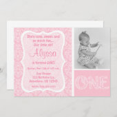 ピンクダマスクガールズファースト誕生日招待状 招待状 (正面/裏面)