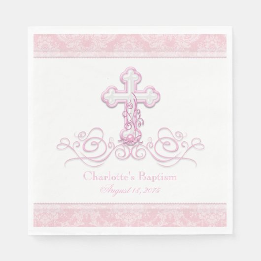 ピンクダマスククロスガールズバプティスコミュニオンナプキンズ スタンダードランチョンナプキン (正面)