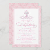 ピンクダマスククロスガールズバプテスマ招待状 招待状 (正面/裏面)