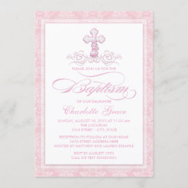 ピンクダマスククロスガールズバプテスマ招待状 招待状