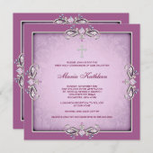 ピンクダマスククロスガールズピンクファースト聖餐式 招待状 (正面/裏面)