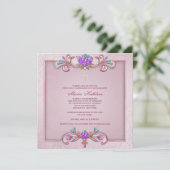 ピンクダマスククロスガールズピンクファースト聖餐式 招待状 (スタンド正面)