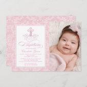 ピンクダマスククロスガールズフォトバプテスマ招待状 招待状 (正面/裏面)