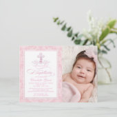 ピンクダマスククロスガールズフォトバプテスマ招待状 招待状 (スタンド正面)