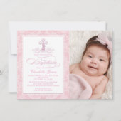 ピンクダマスククロスガールズフォトバプテスマ招待状 招待状 (正面)