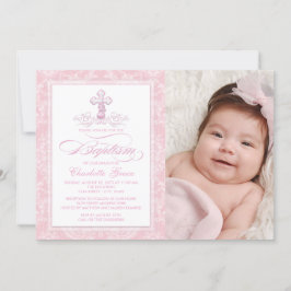 ピンクダマスククロスガールズフォトバプテスマ招待状 招待状