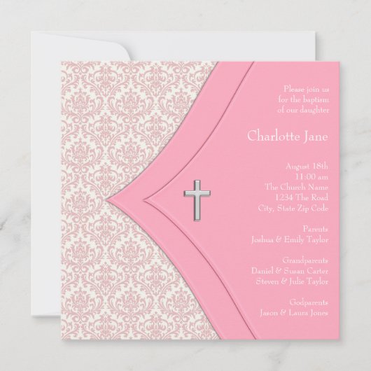 ピンクダマスククロスガールバプテスマ《キリスト教》洗礼式や命名式 招待状 (正面)