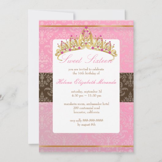 ピンクダマスクスイート16/ティアラ/招待状 招待状 (裏面)