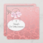 ピンクダマスクトクロスガールズファースト聖餐式 招待状 (正面/裏面)