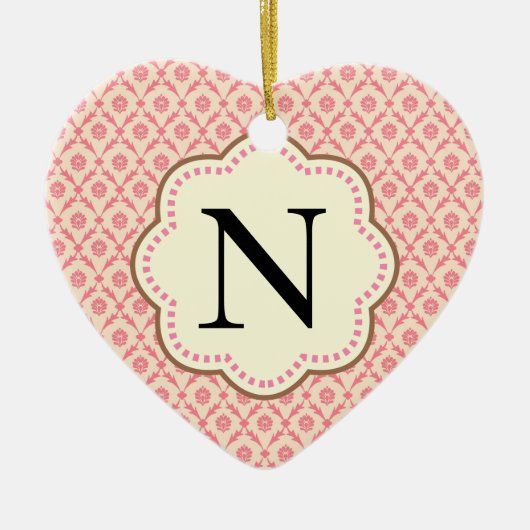 ピンクダマスクハート セラミックオーナメント (正面)