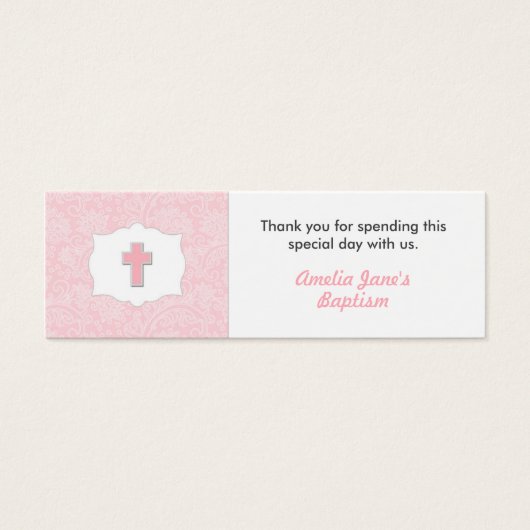 ピンクダマスクバプテスマメッセージカードウィズクロス (正面)