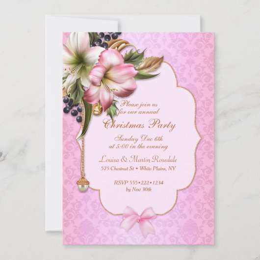 ピンクダマスクビクトリアンフローラオーナメントパール 招待状 (正面)