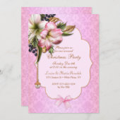 ピンクダマスクビクトリアンフローラオーナメントパール 招待状 (正面/裏面)