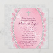 ピンクダマスクピンクアンドホワイト《キリスト教》洗礼式や命名式 招待状 (正面/裏面)