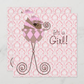 ピンクダマスクピンクブラウンベビーガールシャワー 招待状 (正面/裏面)