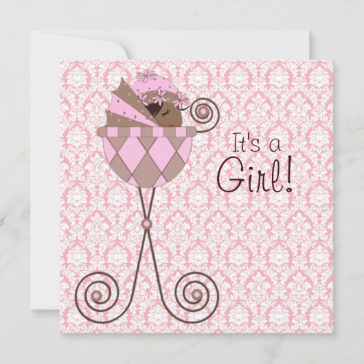 ピンクダマスクピンクブラウンベビーガールシャワー 招待状 (正面)