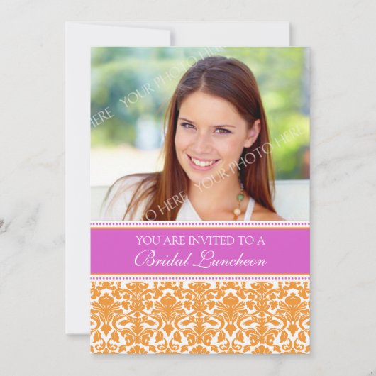 ピンクダマスクフォトブライダルランチョン招待状カード 招待状 (正面)