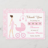 ピンクダマスクブルネット女性ベビーシャワー サンキューカード (正面/裏面)
