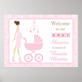 ピンクダマスクブルネット女性ベビーシャワー ポスター