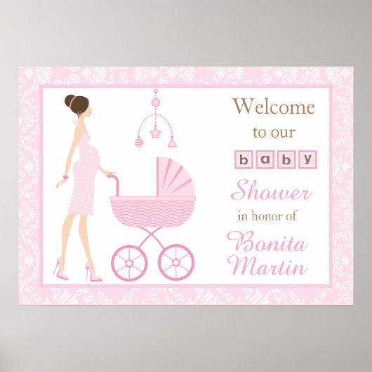 ピンクダマスクブルネット女性ベビーシャワー ポスター (正面)