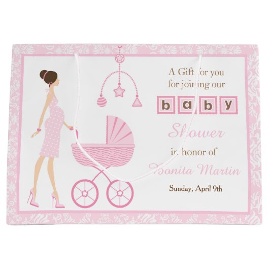 ピンクダマスクブルネット女性ベビーシャワー ラージペーパーバッグ (正面)