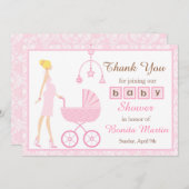 ピンクダマスクブロンド女性ベビーシャワー サンキューカード (正面/裏面)