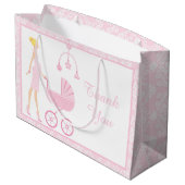 ピンクダマスクブロンド女性ベビーシャワー ラージペーパーバッグ (裏面アングル)